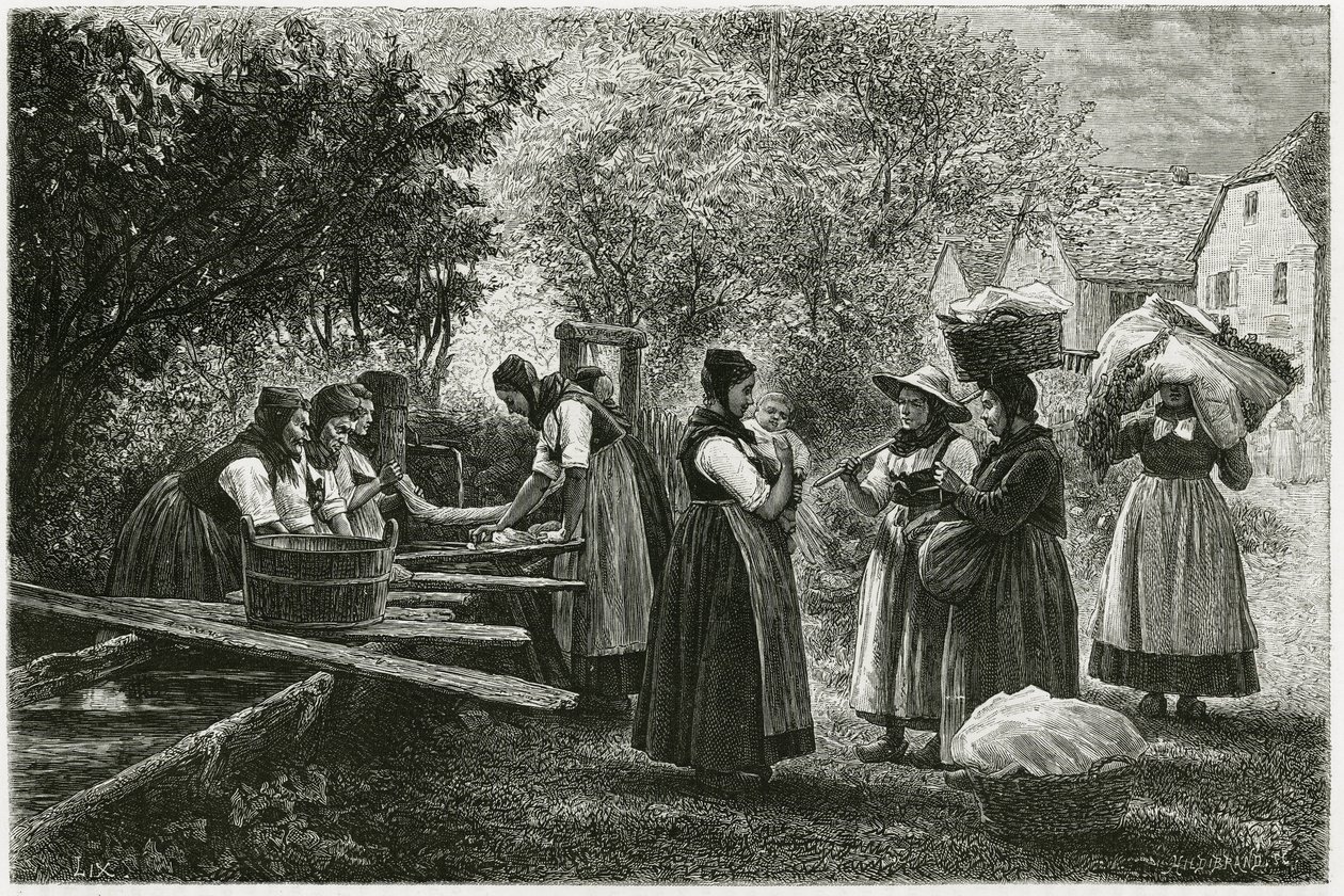 A laundry in Metzeral, women wearing traditional vallee costumes gather at the village fountain. Engraving by E.Ronjat, to illustrate the story “Atravers l