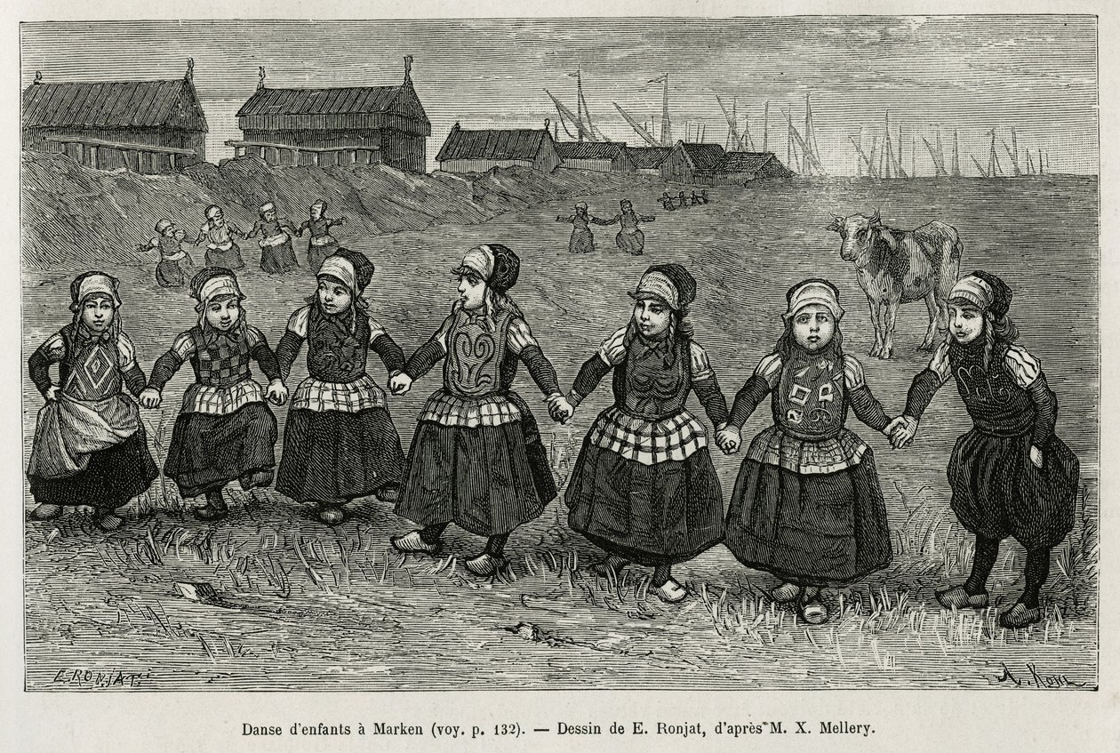 Marken（荷兰）的儿童舞蹈，根据 E.Ronjat 的一幅画雕刻，以说明 Neerlande 的故事，Charles de Coster 于 1878 年在世界巡回展上发表，由 Edouard Charton 指导 作者 艾蒂安·安托万·尤金·罗纳特