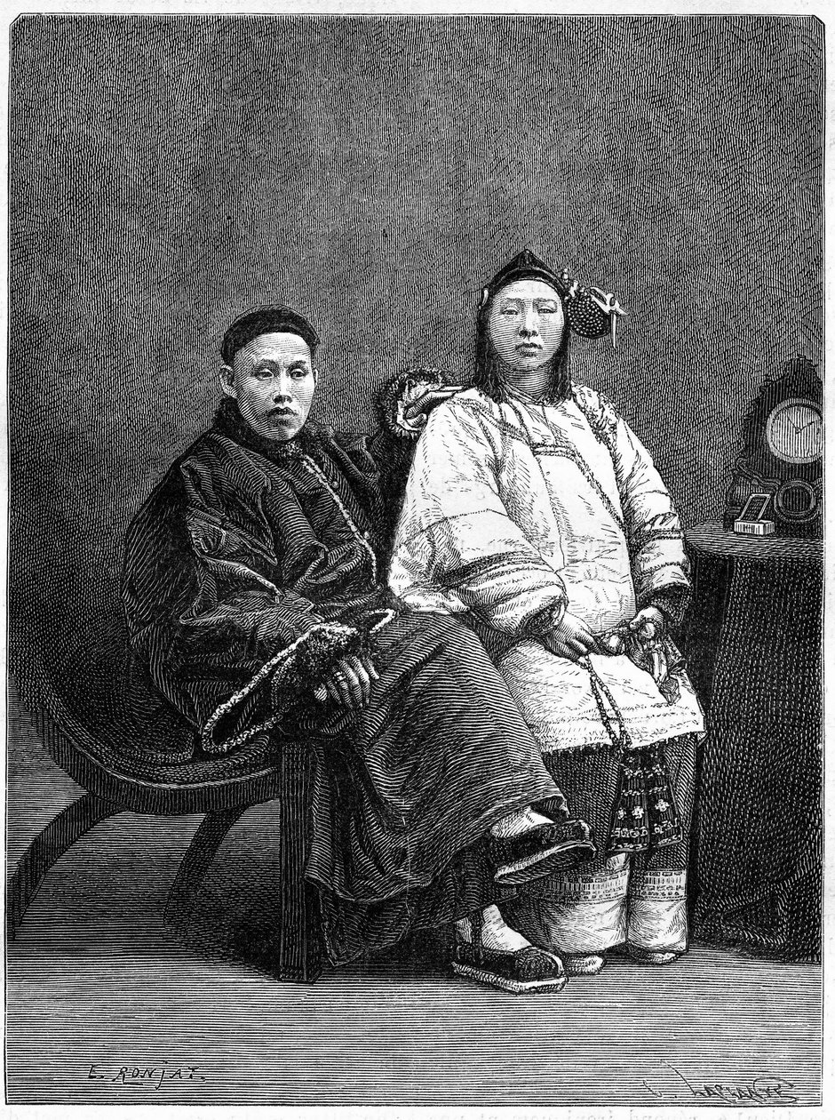 19 世纪来自旧金山（美国）的几位中国名人。 在 Ronjat 的一幅画之后雕刻，在一张照片之后，在“Le Tour du Monde，Nouveau journal des Voyages”，由 Edouard Charton 编辑，巴黎 作者 艾蒂安·安托万·尤金·罗纳特