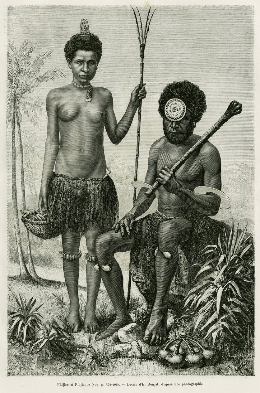 Fijian couple. Engraving by E.Ronjat to illustrate the story Promenades en Oceanie, by Aylic Marin, in le tour du monde 1887, directed by Edouard Charton (1807-1890), Hachette, Paris. 作者 艾蒂安·安托万·尤金·罗纳特