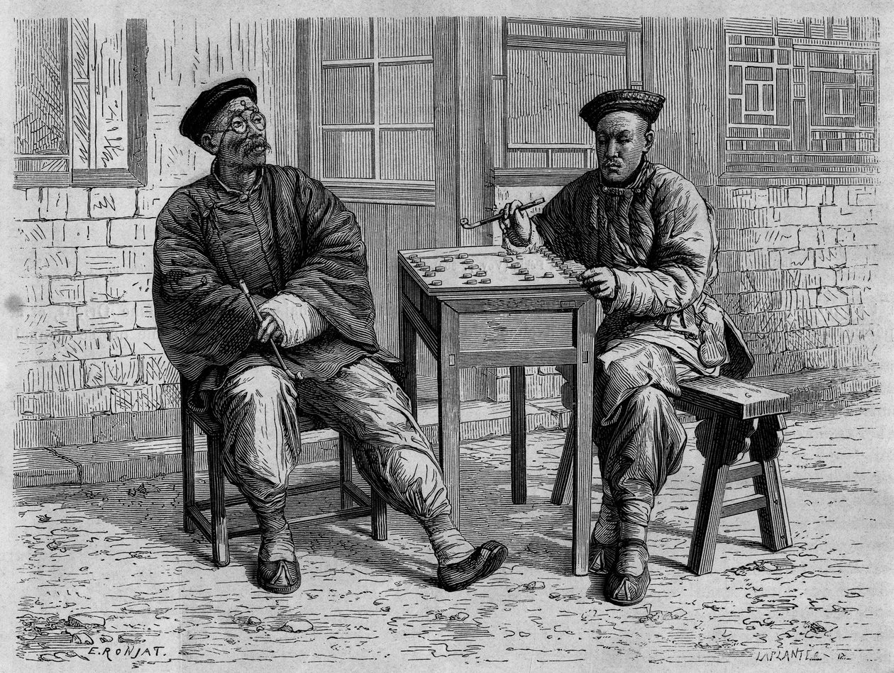 19世纪北京（北京）街头的围棋选手。 由 Ronjat 绘制的版画，Morache 博士的照片，在“Le Tour du Monde，Nouveau journal des Voyages”，由 Edouard Charton 编辑，巴黎 作者 艾蒂安·安托万·尤金·罗纳特