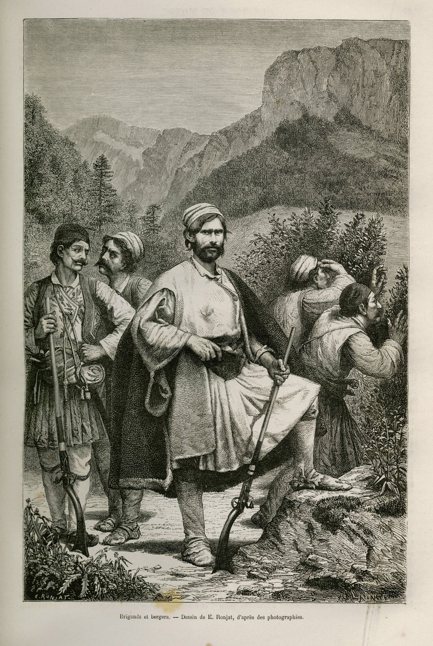 Greek brigands and shepherds, accomplices in the mountains, drawing by E.Ronjat, to illustrate the story of Henri Belle: Journey to Greece 作者 艾蒂安·安托万·尤金·罗纳特
