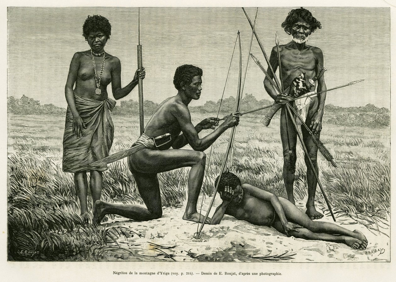 Negritos of Yriga Mountain. Engraving by E.Ronjat to illustrate the story Lucon and Palaouan, six years in the Philippines, by Alfred Marche (1844-1898), in le tour du monde 1886, directed by Edouard Charton (1807-1890), Hachette, Paris. 作者 艾蒂安·安托万·尤金·罗纳特