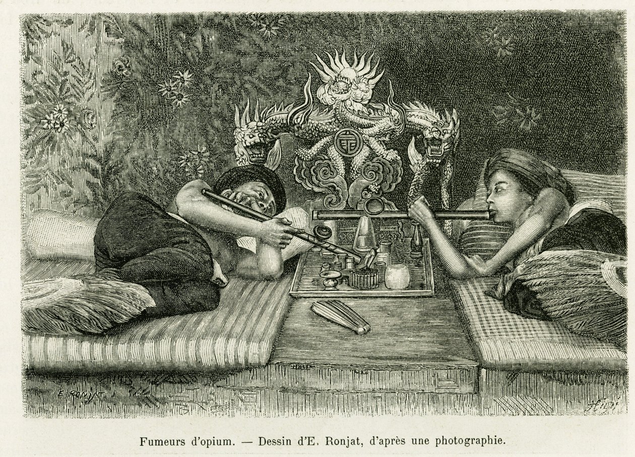 鸦片烟民。 由 E.Ronjat 雕刻，在一张照片之后，说明 1884 年的故事 Trente mois au Tonkin，由 Hocquard 博士在 le tour du monde 1889 中，由 Edouard Charton（1807-1890）执导，巴黎阿歇特。 作者 艾蒂安·安托万·尤金·罗纳特