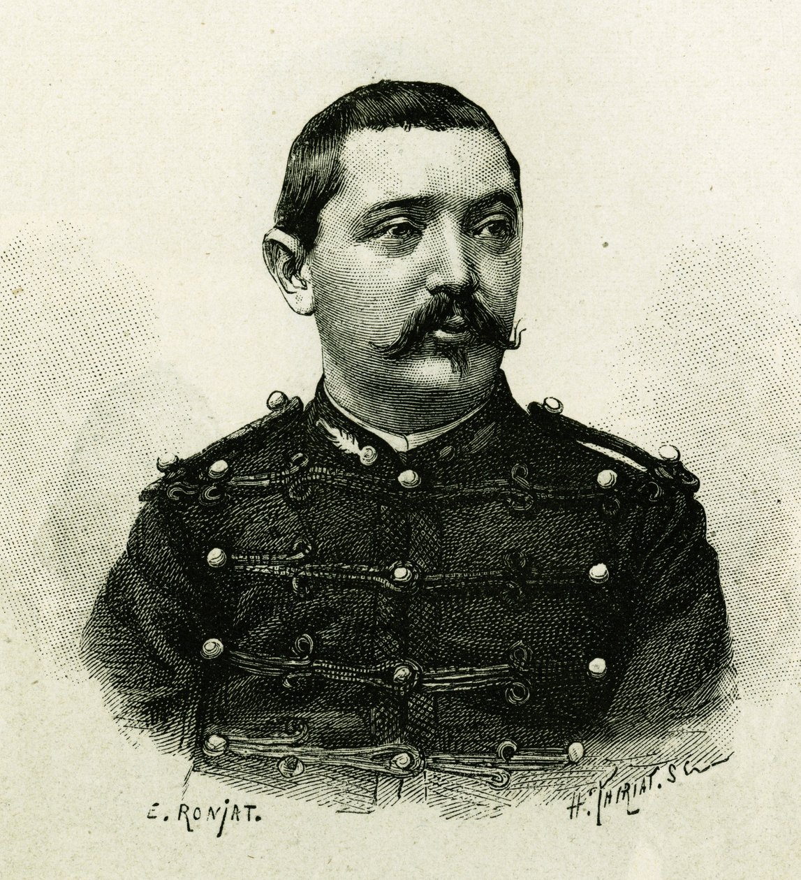 1879 年至 1882 年在加利尼的指挥下远征非洲期间，海军炮兵彼得里上尉的肖像。 E. Ronjat 从照片中雕刻，以说明故事“Exploration du Haut Niger (Haut Niger)”（今马里） 作者 艾蒂安·安托万·尤金·罗纳特