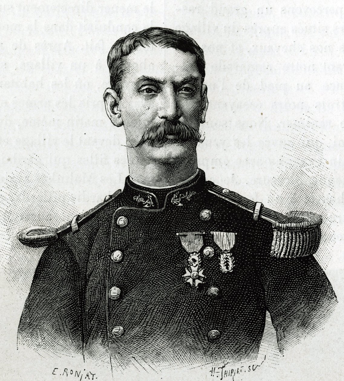 在远征非洲期间（1879-1882 年），指挥官约瑟夫·加利尼 (Joseph Gallieni) 的肖像。 E. Ronjat 在一张照片后雕刻，以说明第 1 任指挥官 Joseph Gallieni（1849-1916）的故事“Exploration du Haut Niger（Haut Niger）”（今马里） 作者 艾蒂安·安托万·尤金·罗纳特