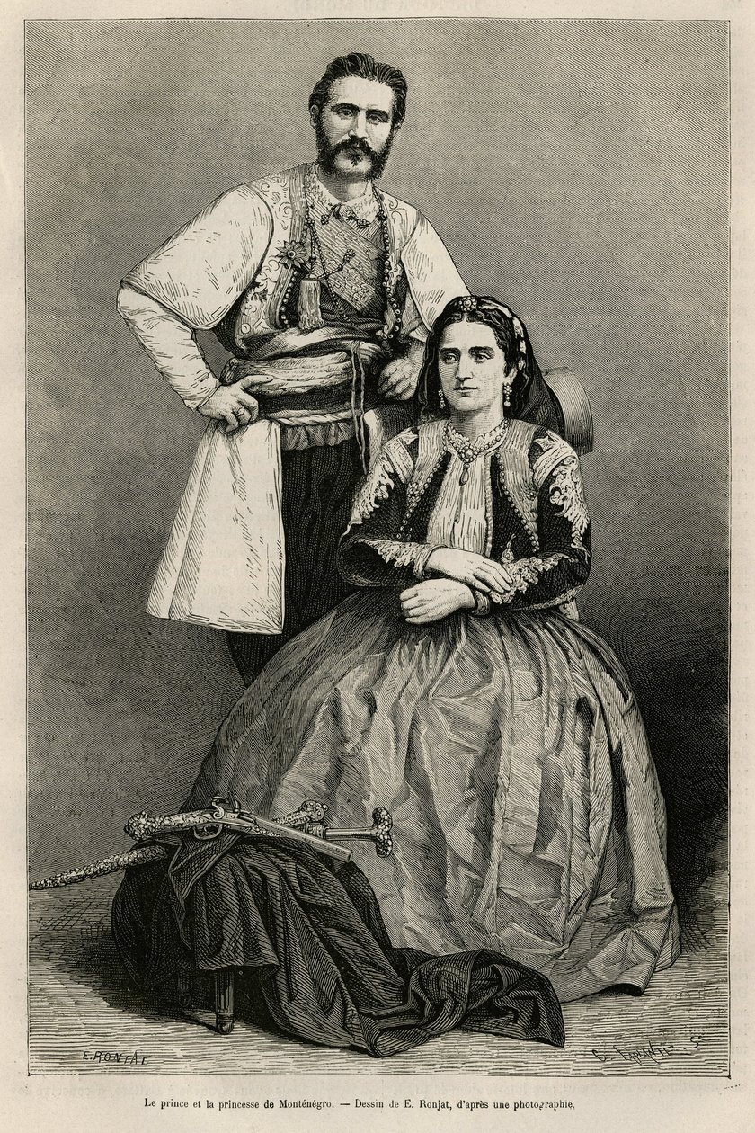 Portraits of the Prince of Montenegro Nicholas I Petrovicz Niegosch (1841-1921) and his wife, Milena, nee Voukovich (1847-1923), drawing by E.Ronjat, to illustrate the journey to Montenegro, in 1874, by Charles Yriarte (1832-1898). Engraving in Le tour du  作者 艾蒂安·安托万·尤金·罗纳特