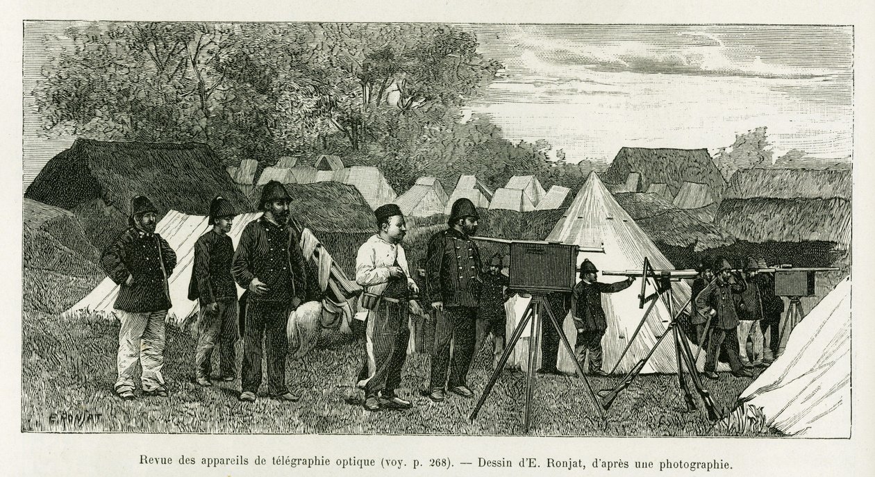 Review of optical telegraphy apparatus. Engraving by E.Ronjat, to illustrate the story Trente mois au Tonkin, in 1884, by doctor Paul Hocquard, in le tour du monde 1890, under the direction of Edouard Charton (1807-1890), Hachette, Paris. 作者 艾蒂安·安托万·尤金·罗纳特