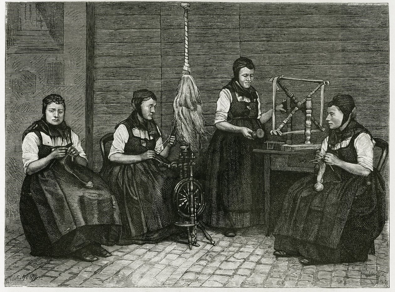 Sondernach spreaders, description of the different stages of spinning, hand, spindle and spindle. Engraving by E.Ronjat, to illustrate the story “Atravers l