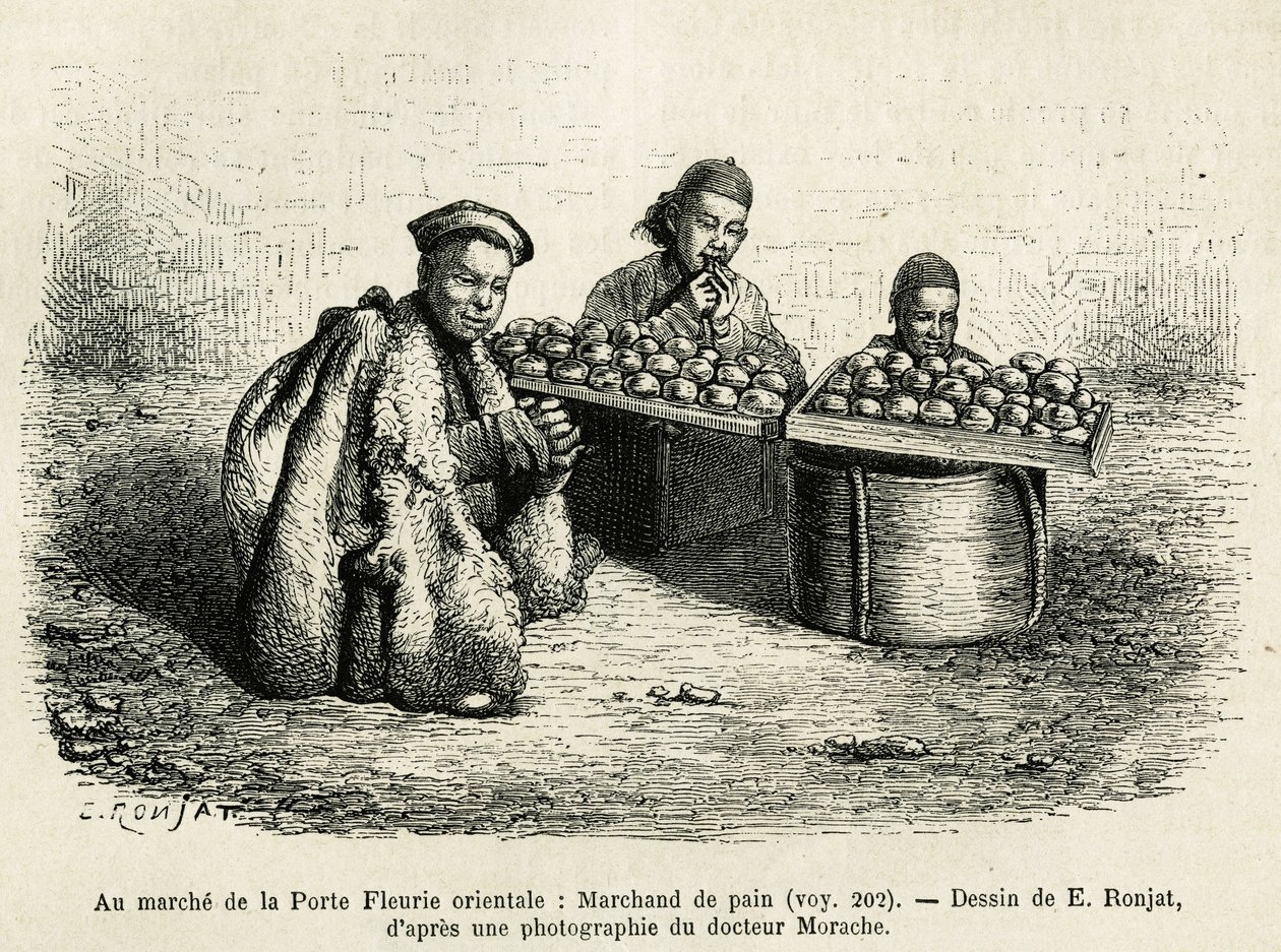 The bread merchant, at the foot of the Oriental Flower Gate of the Imperial Palace in Pekin, a current scene of everyday life. Engraving after the drawing of E.Ronjat, to illustrate the journey to Pekin and North China, by T.Choutze, in 1873, published in  作者 艾蒂安·安托万·尤金·罗纳特