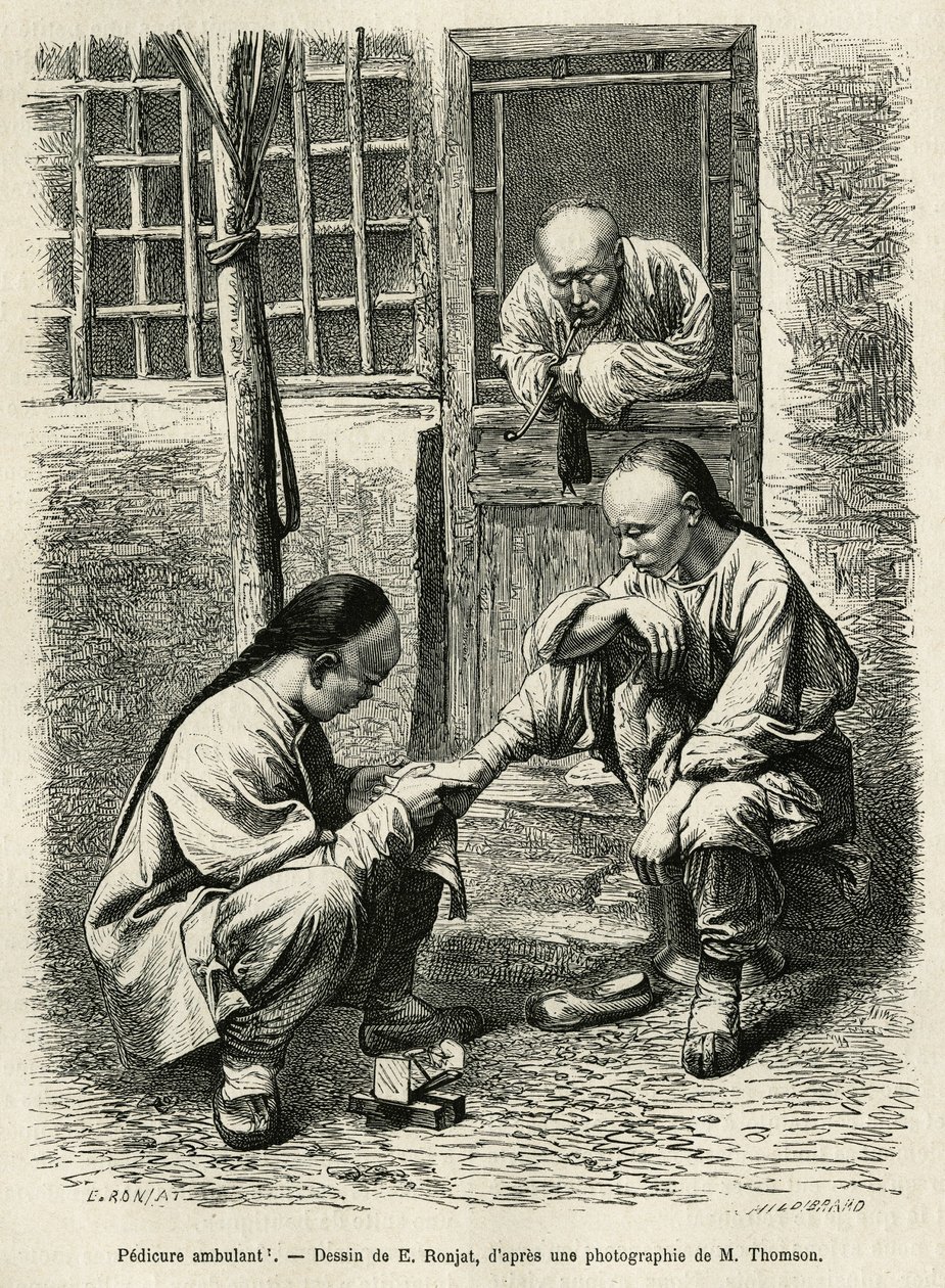 步行修脚，中国城市日常生活中常见的场景。 E.Ronjat 绘图后的版画，说明前往北京和华北的旅程，T.Choutze，1873 年，发表于“Le tour du monde””，1876 年，Edouard Charton 编辑 作者 艾蒂安·安托万·尤金·罗纳特