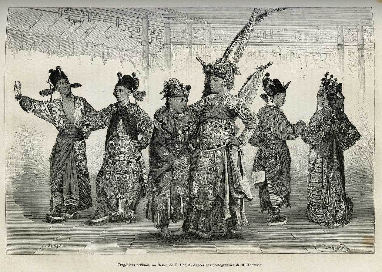 北京剧院的悲剧演员，擅长历史和神话剧。 E.Ronjat 绘图后的版画，说明前往北京和华北的旅程，T.Choutze，1873 年，发表于“Le tour du monde””，1876 年，Ed 编辑 作者 艾蒂安·安托万·尤金·罗纳特