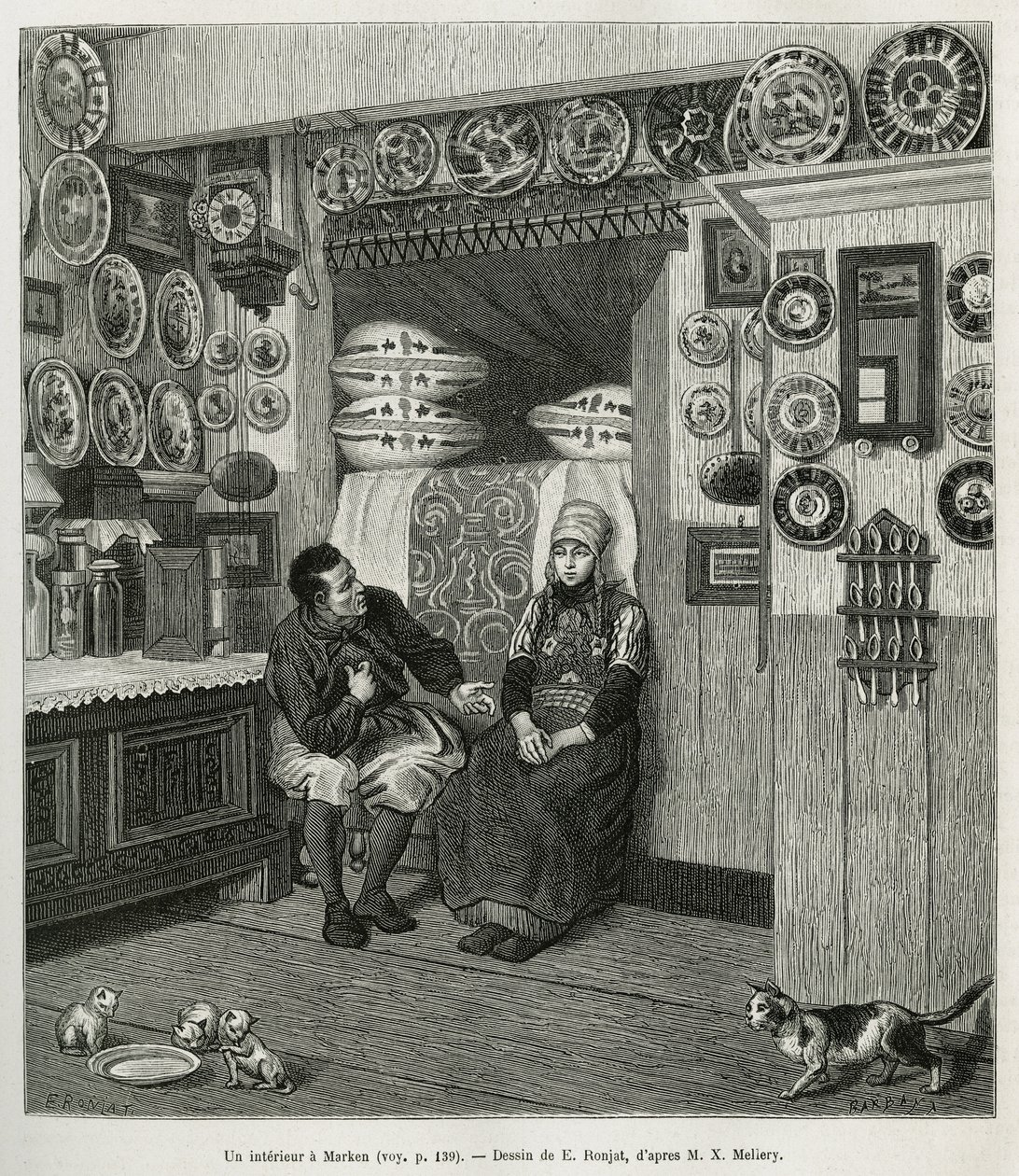 Un interieur à Marken (Pays Bas)，在 E.Ronjat 的一幅画后雕刻，以说明 Neerlande 的故事，Charles de Coster 于 1878 年在世界巡回展上发表，由 Edouard Charton 指导 作者 艾蒂安·安托万·尤金·罗纳特