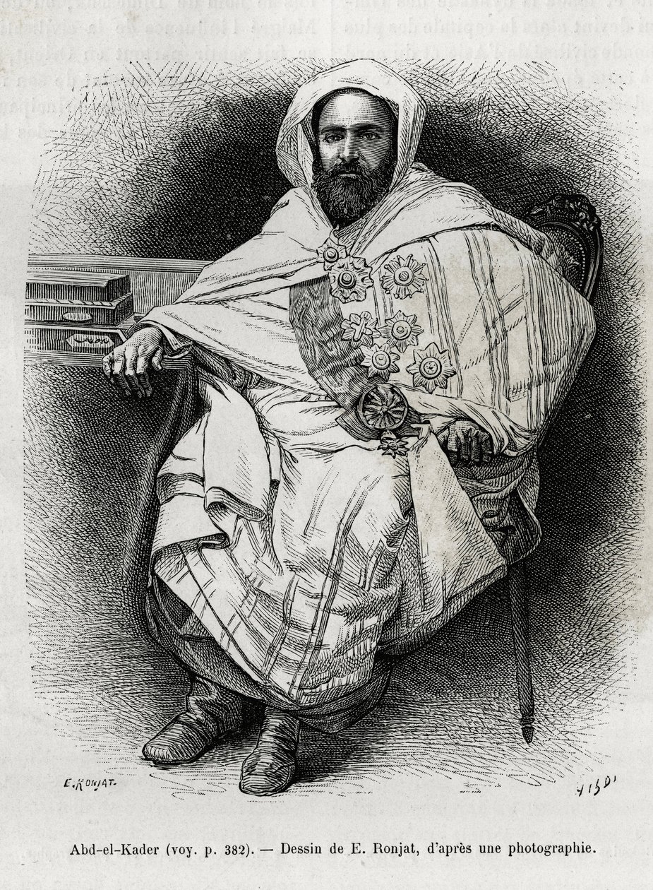 Abd El Kader（1808-1883）的肖像，阿尔及利亚埃米尔和苏丹，苏菲派神学家，政治家和对法国殖民军队的军事抵抗，也是作家、诗人和哲学家。E.Ronjat的雕刻，为M.Ronjat的故事《今日的叙利亚》作插图。 作者 艾蒂安·安托万·尤金·罗纳特