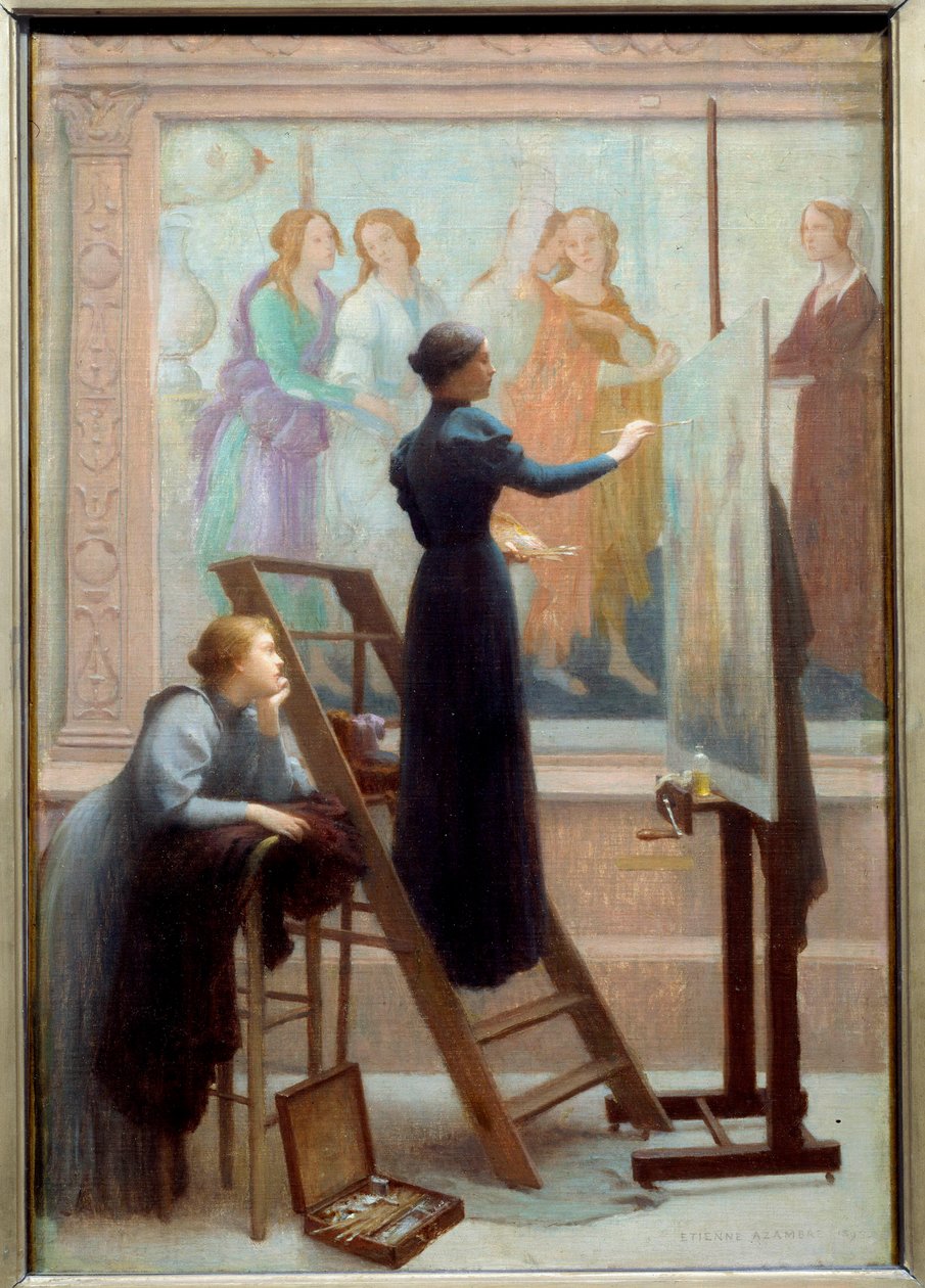 Au Louvre (两个女人临摹波提切利的壁画) 艾蒂安-阿赞布雷(1859-1933)的画作 1894年，太阳。0,61x0,41米 注意!使用该作品可能需要向第三方申请授权或支付额外费用 作者 艾蒂安·阿赞布雷（Etienne Azambre）
