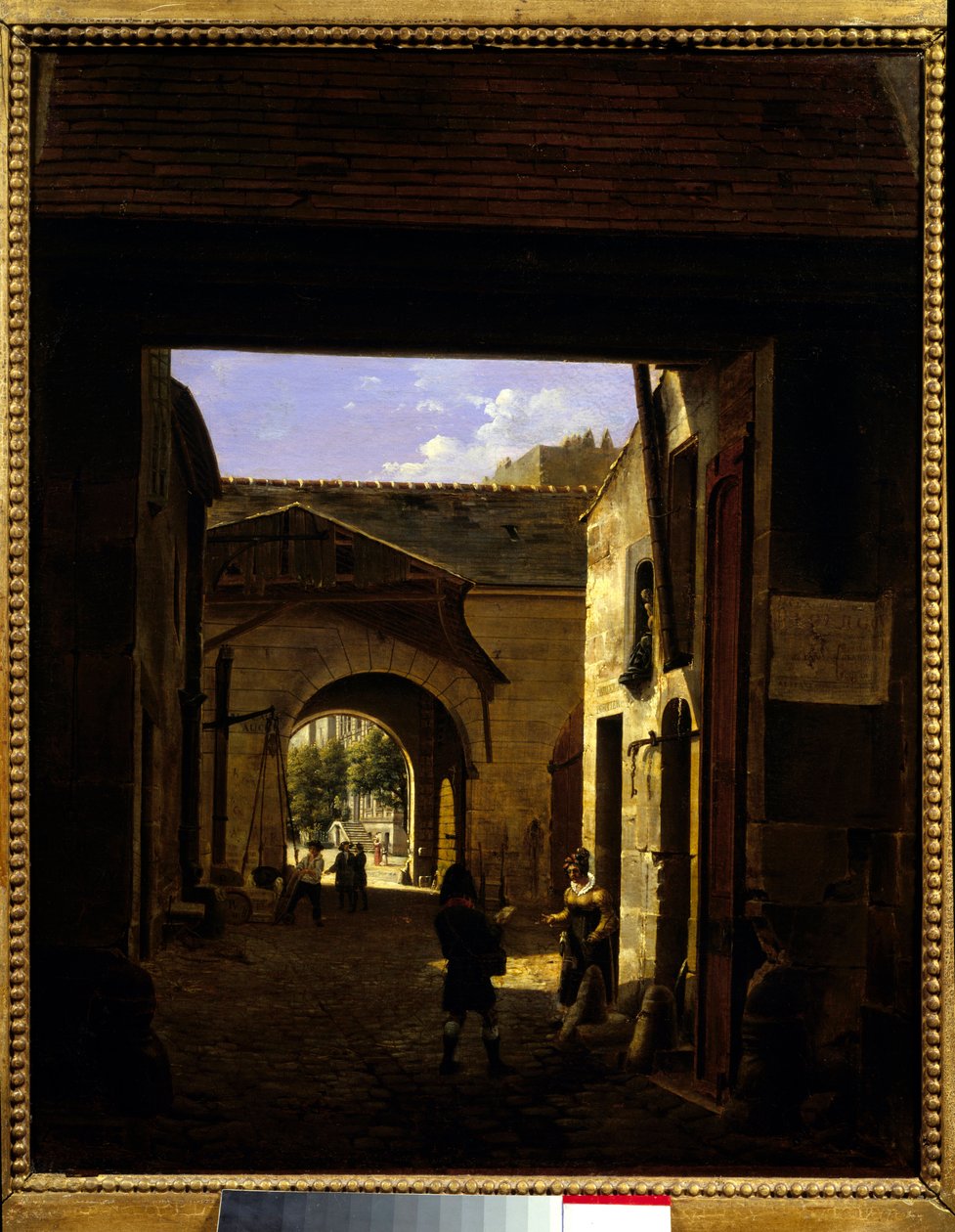 位于 rue Saint Denis 的驾驶室庭院，被称为巴黎第一区的庭院 Sainte Catherine Scene。 Etienne Bouhot (1780-1862) 1832 年作画 0,27x0,22 m 巴黎，Musee Carnavalet。 作者 艾蒂安·布霍特（Etienne Bouhot）