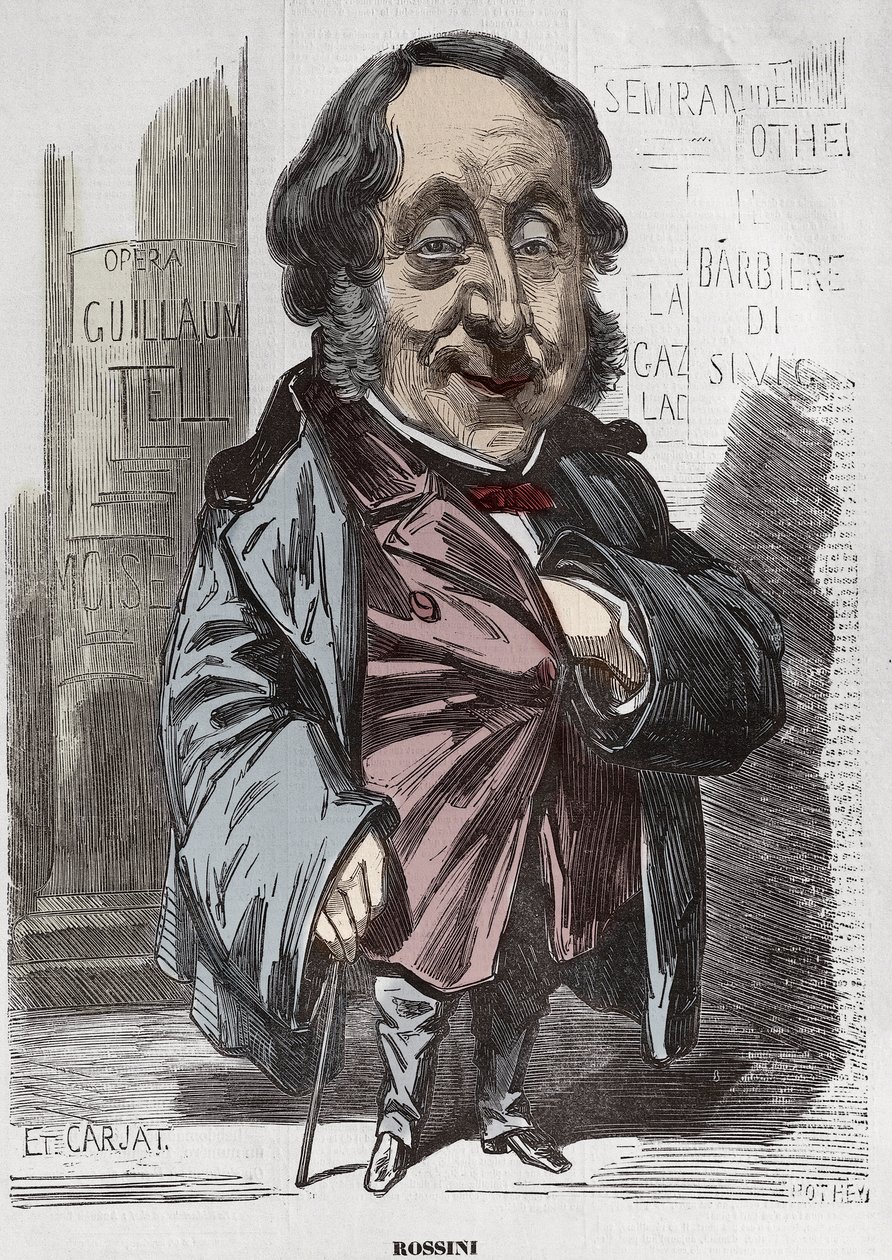Gioachino (Gioacchino) Rossini (1792-1868)的肖像，Etienne Carjat的漫画 - Etienne Carjat (1928-1906)，罗西尼为Diogene创作的肖像画，出自Nadar，1856年12月21日的数字着色 作者 艾蒂安·卡加特