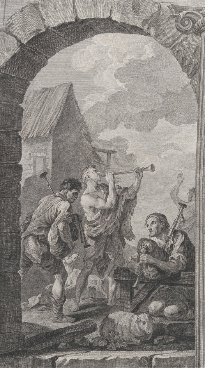 在巴黎的儿童教堂：Groupe des bergers: joueurs de trompes et de m..., 1754. 作者 艾蒂安·费萨德