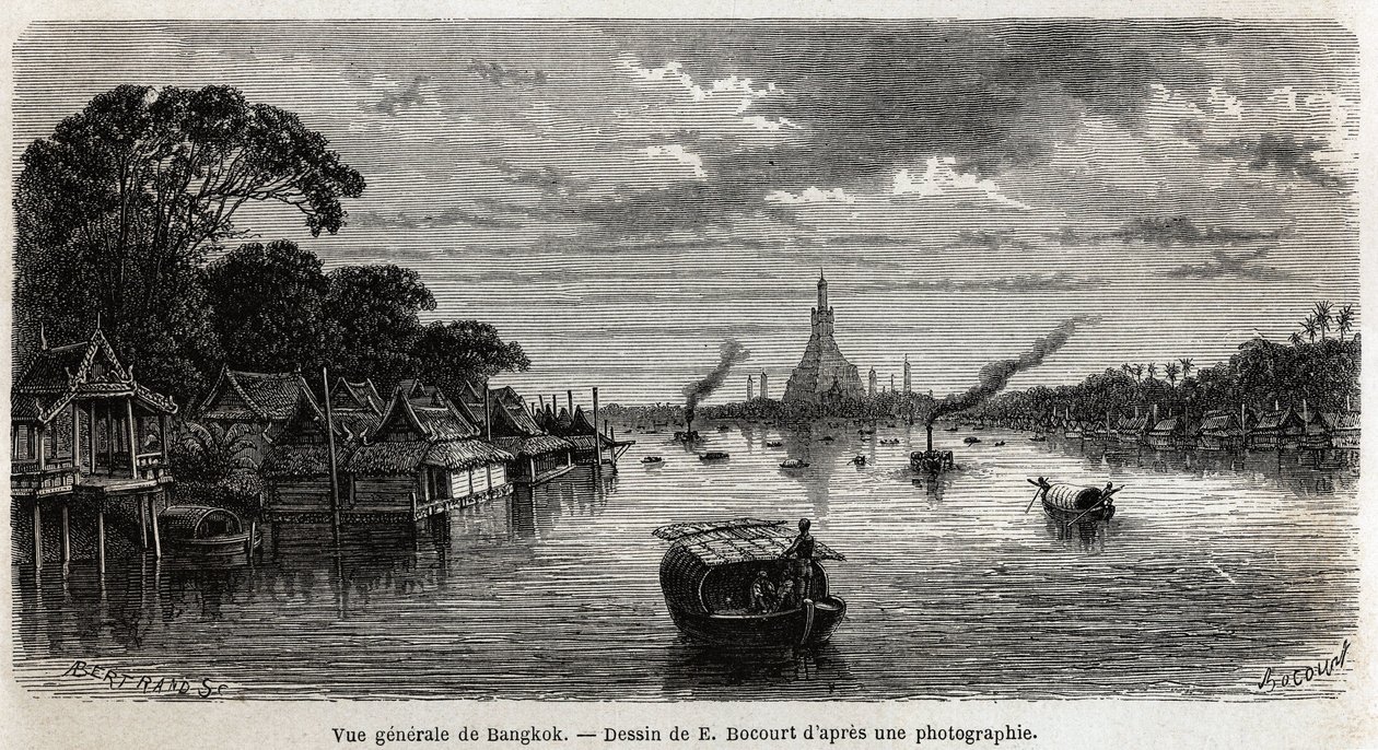 曼谷（泰国）全景，由E.Bocour绘制，用于说明亨利-穆霍特1858年至1861年在暹罗、柬埔寨和老挝王国的旅程。雕刻在《世界之旅》中，由爱德华-沙尔东编辑。 作者 艾蒂安·加布里埃尔·博库特