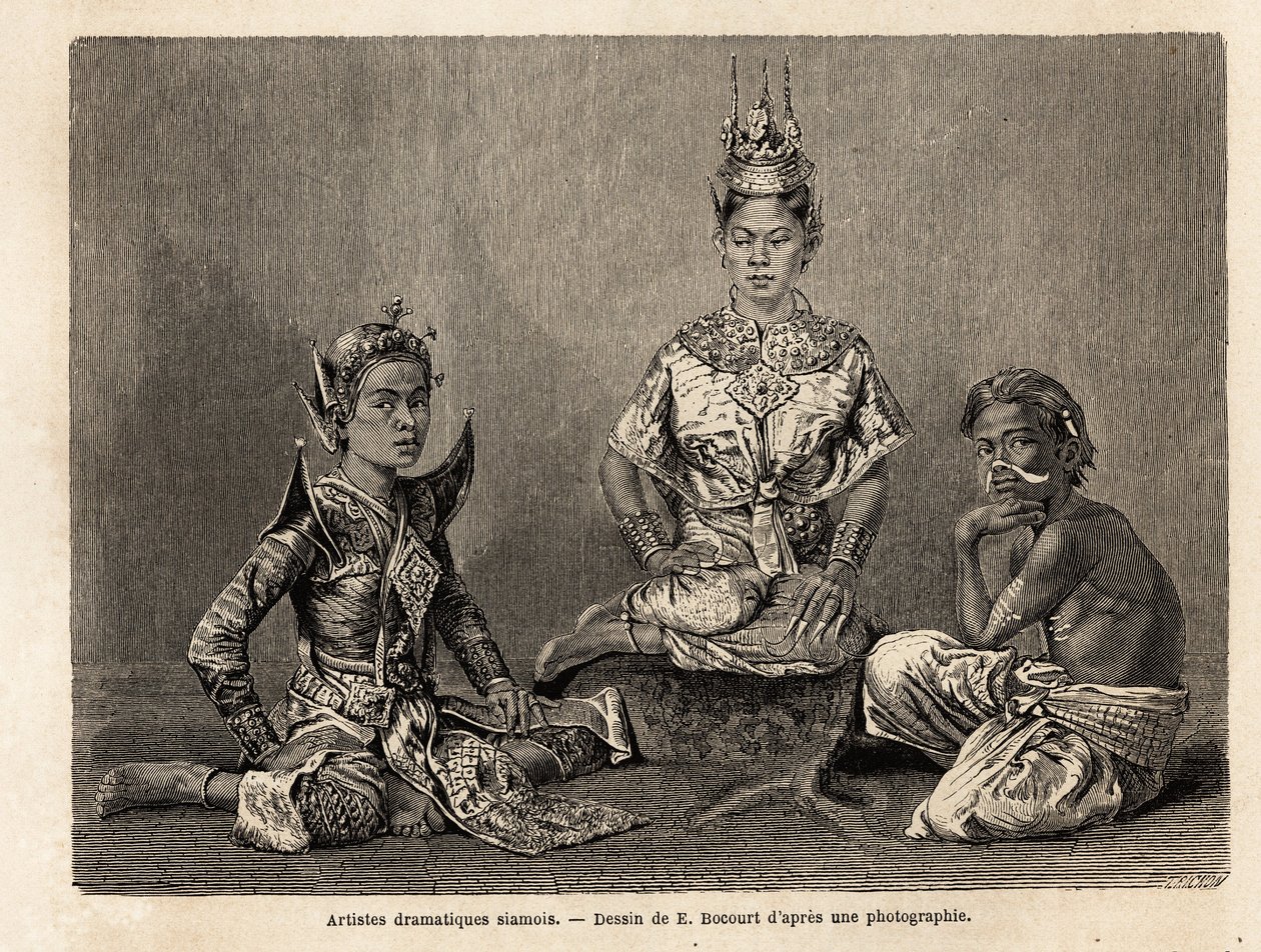 Siamese dramatic artists, drawing by E.Bocour, to illustrate Henri Mouhot