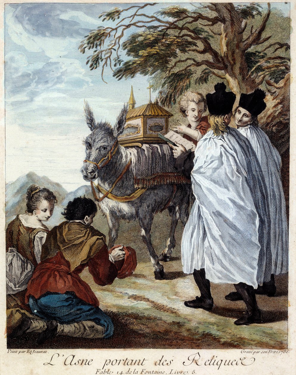 Donkey bearing relics. Illustration for the fable by Jean de La Fontaine. Painting by Etienne Jeaurat (1699-1789) 作者 ÉtienneJeaurat