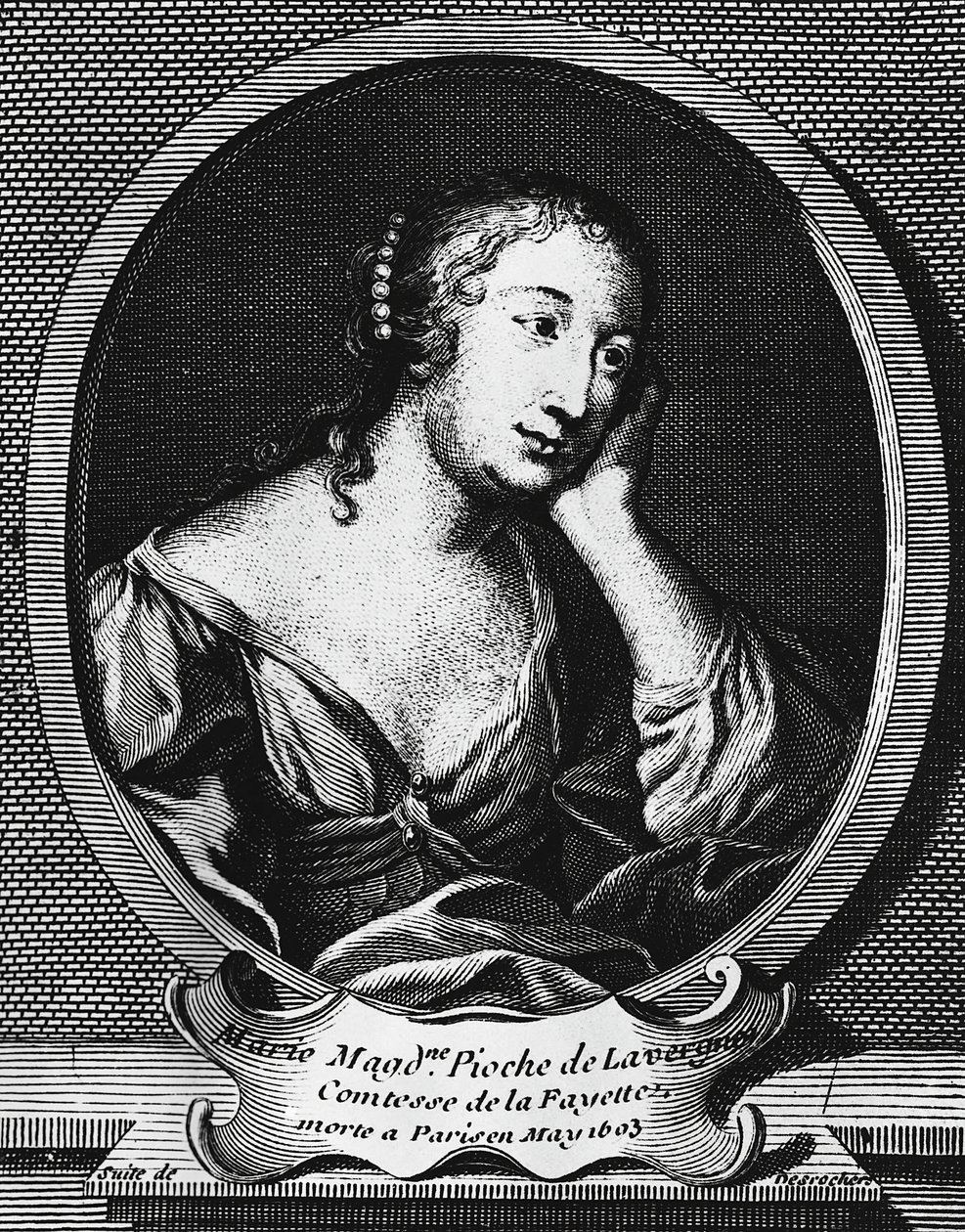 法国小说家拉斐特伯爵夫人玛丽·玛德琳·皮奥什·德·拉韦尔涅 (Marie-Madeleine Pioche de La Vergne, 1634-1693) 的奖章肖像，由艾蒂安·杰汉迪埃·德罗彻 (Etienne Jehandier Desrochers, 1668-1741) 雕刻 作者 艾蒂安（Etienne Jehandier）Desrochers