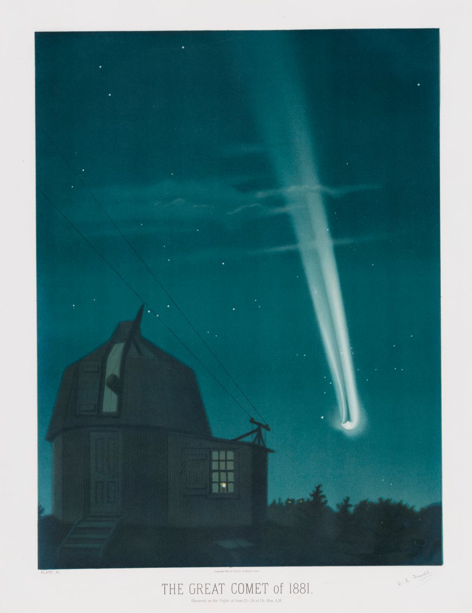 1881年的大彗星，在6月25-26日的夜晚，在凌晨1点30分观测到，出版。1881. 作者 ÉtienneLéopoldTrouvelot