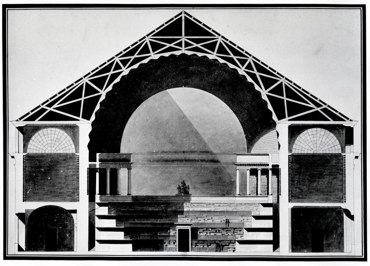 法国皇家图书馆，建筑的横截面图。建筑师Etienne Louis Boullee（艾蒂安-路易-布利），法国建筑师（1728-1799）。 作者 艾蒂安·路易斯·布利