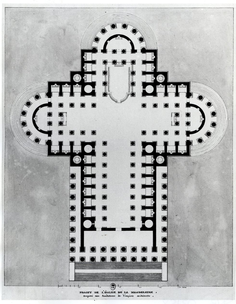 玛德莱娜教堂的项目。绘图。建筑师Etienne Louis Boullee（艾蒂安-路易-布利），法国建筑师（1728-1799）。 作者 艾蒂安·路易斯·布利
