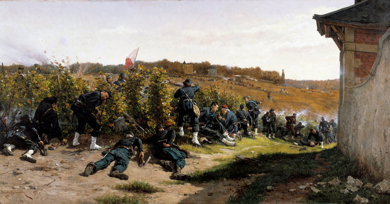 1870 年战争：“1870 年 10 月 21 日在马尔迈松的塞纳河战斗”“巴黎保卫战中的小规模冲突”。 Etienne Berne Bellecour (1838-1910) 1875 年作画。 1.03x2.03米 作者 艾蒂安·珀斯珀·伯恩·贝勒库尔