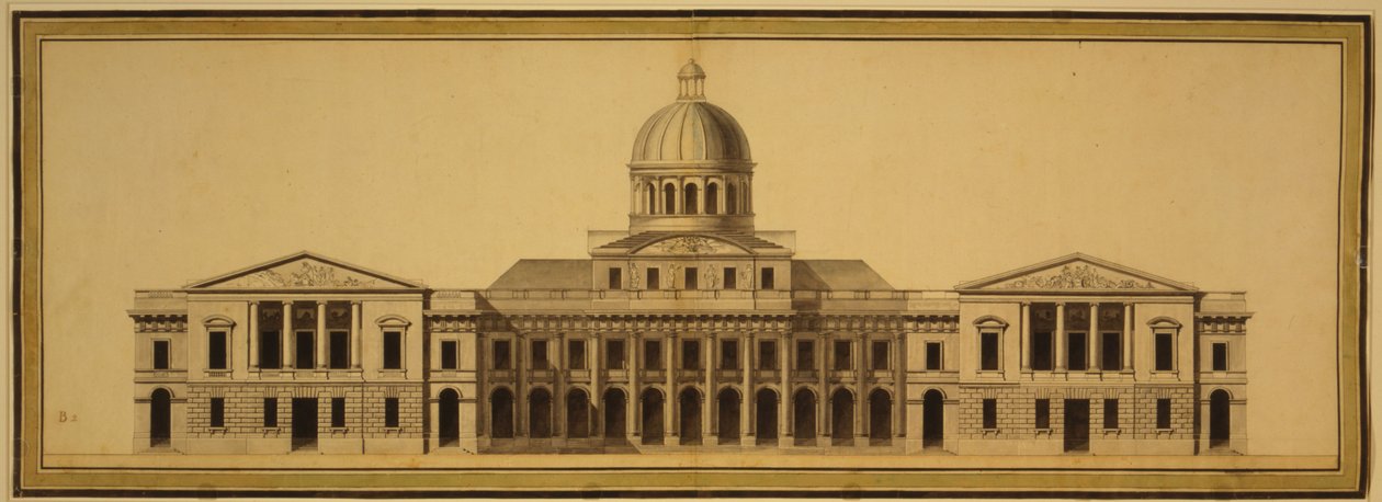 美国国会大厦设计，1793年（墨水，水洗和纸上水彩） 作者 艾蒂安·叙尔皮斯（Etienne）Sulpice Hallet