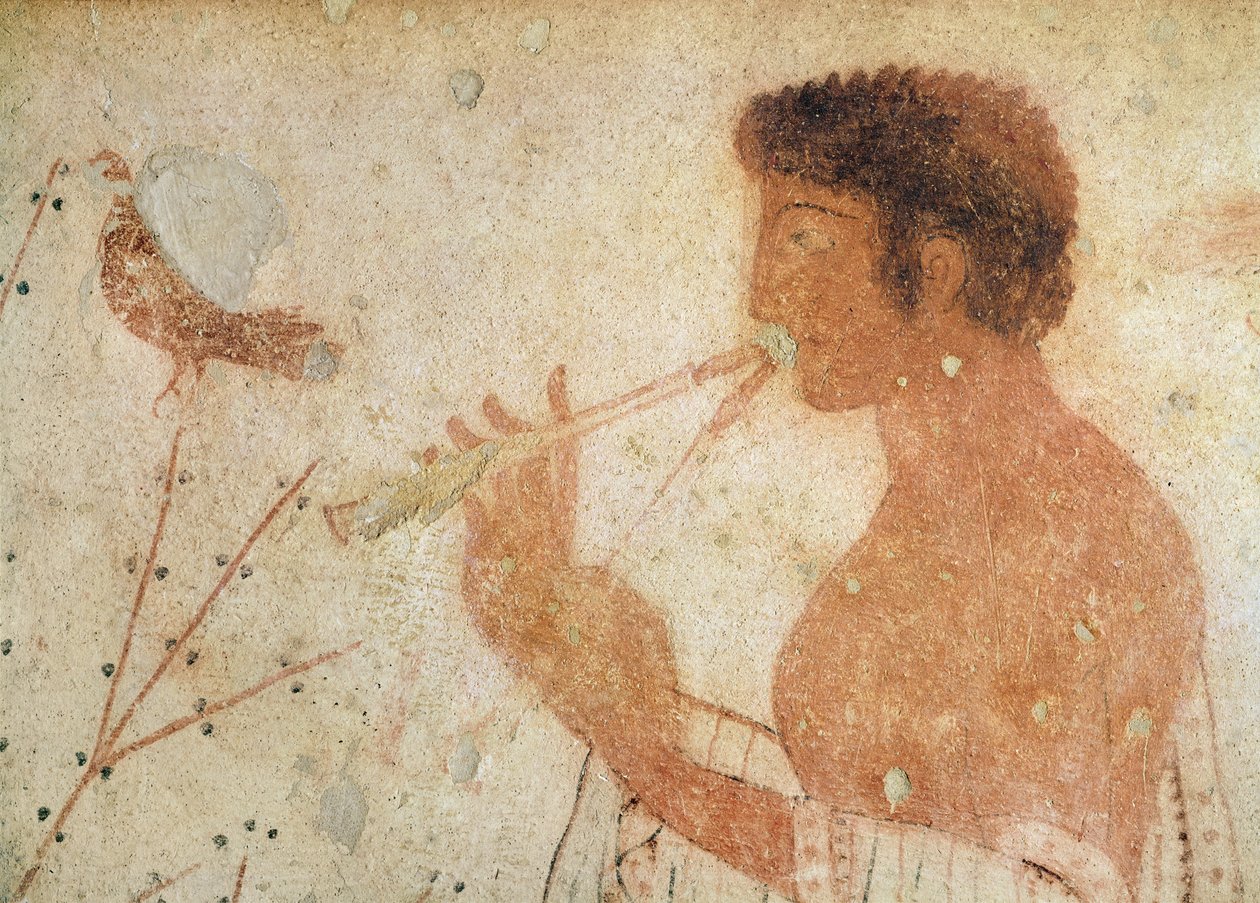 演奏双笛的音乐家的细节，从triclinium的坟茔，c.470 BC（壁画） 作者 伊特鲁里亚语