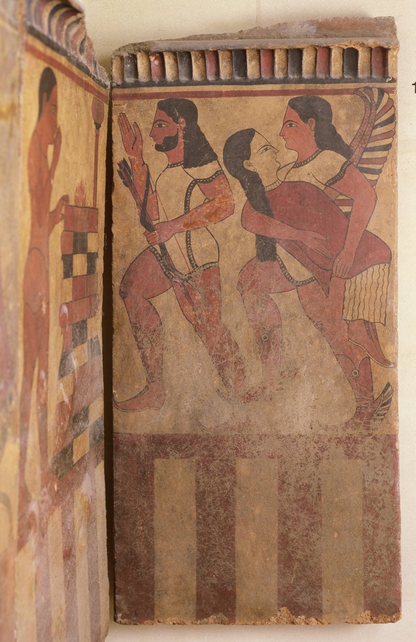 Campana Plaque，一个有翅膀的精灵在公元前550-525（壁画）（详细）中带着一个女人伴随着一个弓箭手 作者 伊特鲁里亚语
