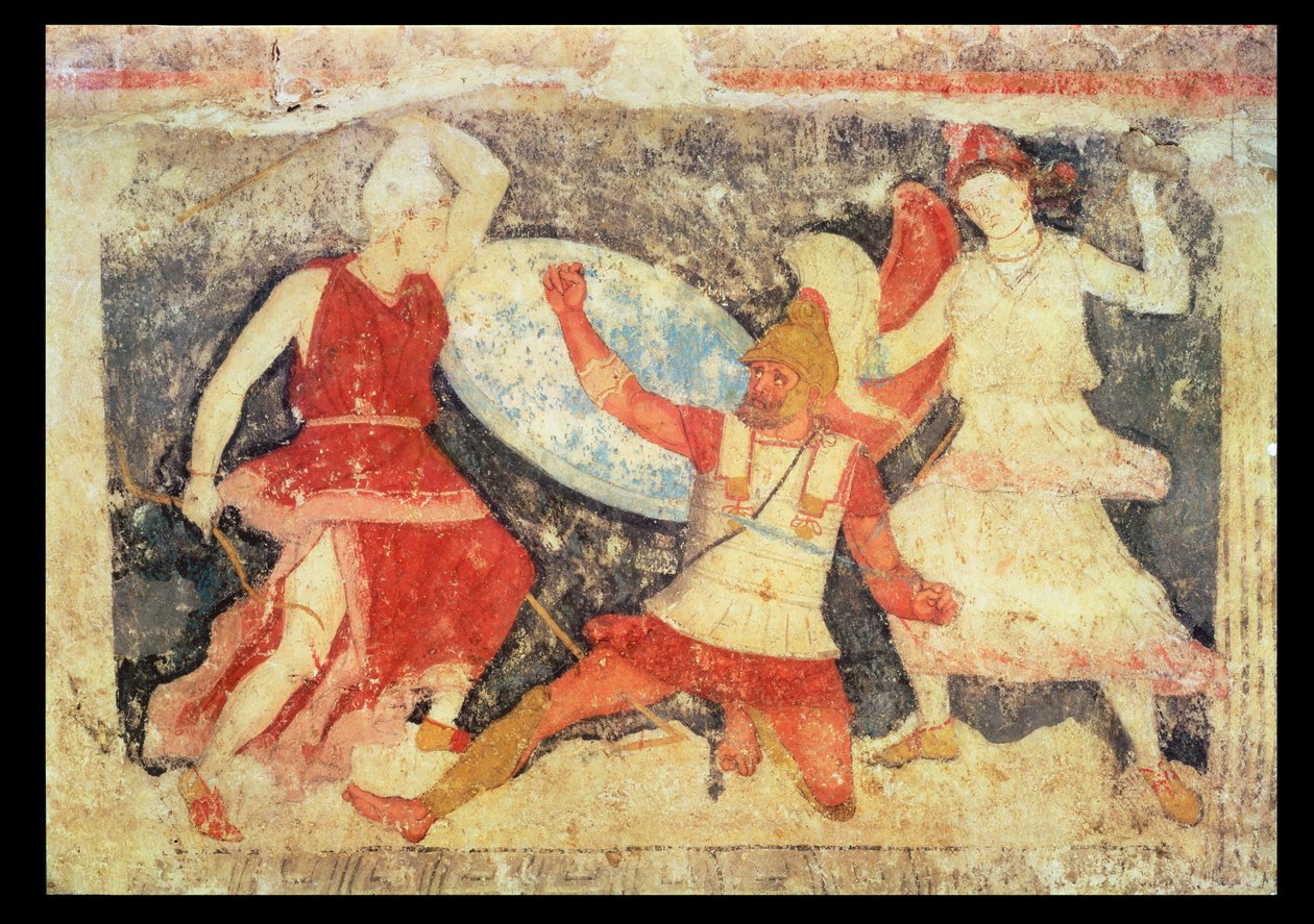 两个亚马逊在与希腊人的战斗中，来自塔奎尼亚，公元前370-360（壁画） 作者 伊特鲁里亚语