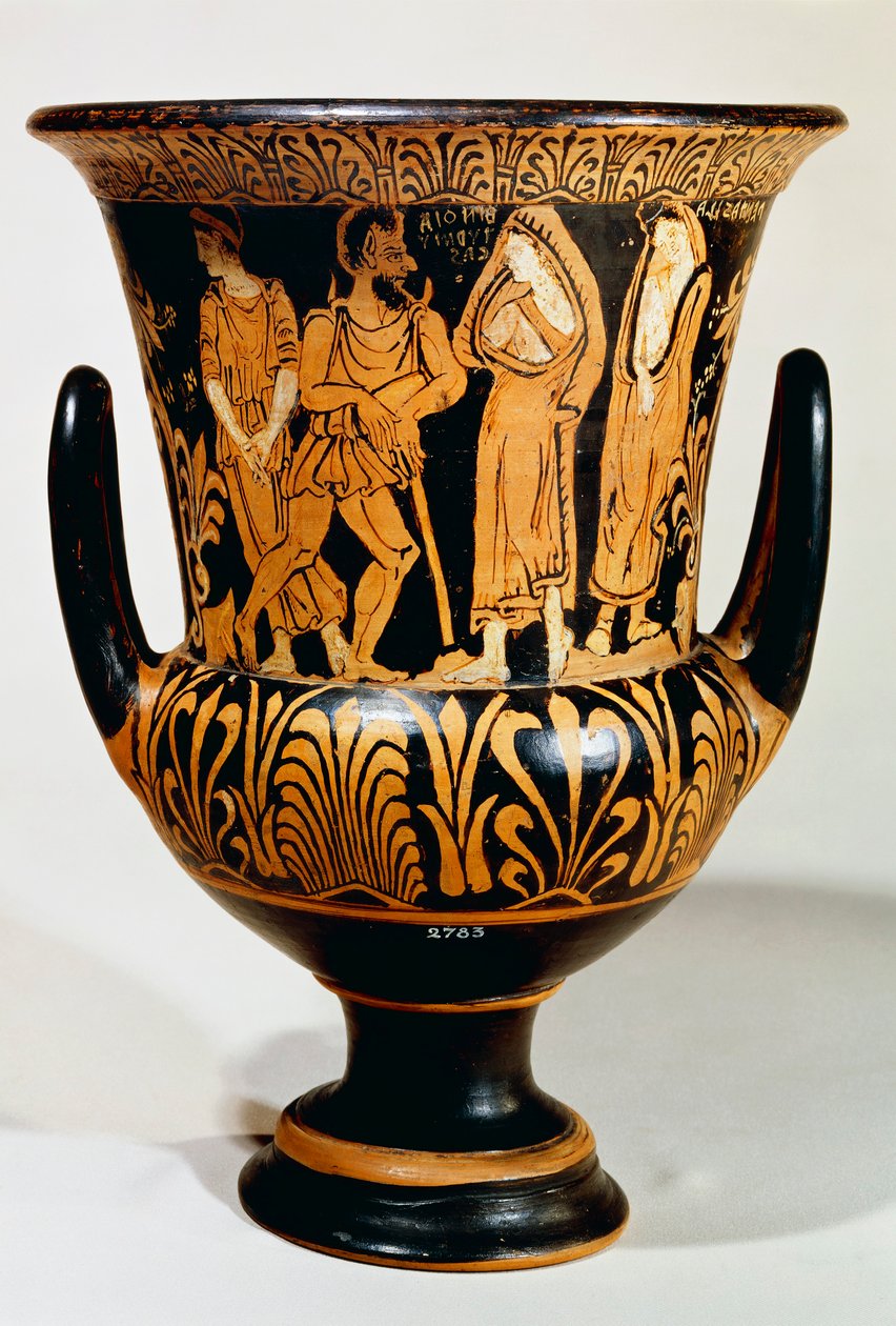 图尔穆卡画家的Calyx-krater（大花瓶），描绘了冥界与卡戎和女孩的场景。来自武尔西（拉齐奥）的红纹陶器。伊特鲁里亚文明，公元前330-300年。 作者 伊特鲁里亚语