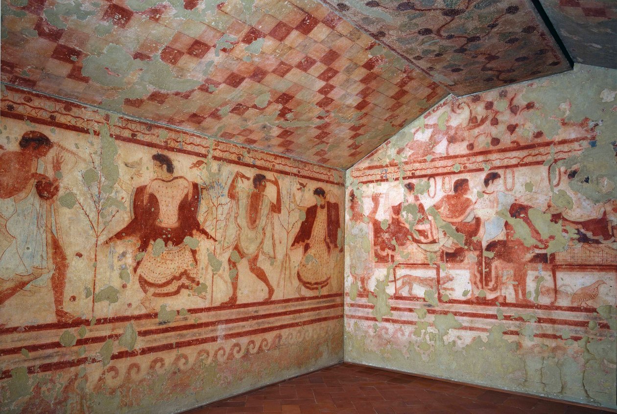 伊特鲁里亚艺术：描绘宴会场景的壁画。 Triclinium 墓。 公元前 5 世纪。 意大利塔尔奎尼亚国家考古博物馆 作者 伊特鲁里亚语