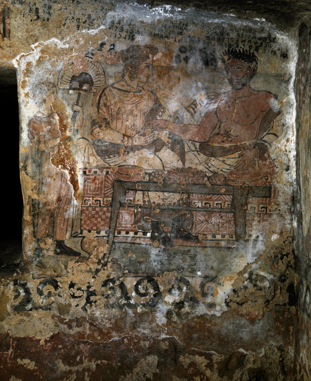 伊特鲁里亚文明：Larth Velcha 和他的妻子 Velia Seithi 代表参加了公元前 340 年“Scudi”（tomba degli scudi）墓壁画的宴会。 Necropole des Monterozzi，塔尔奎尼亚，意大利 作者 伊特鲁里亚语