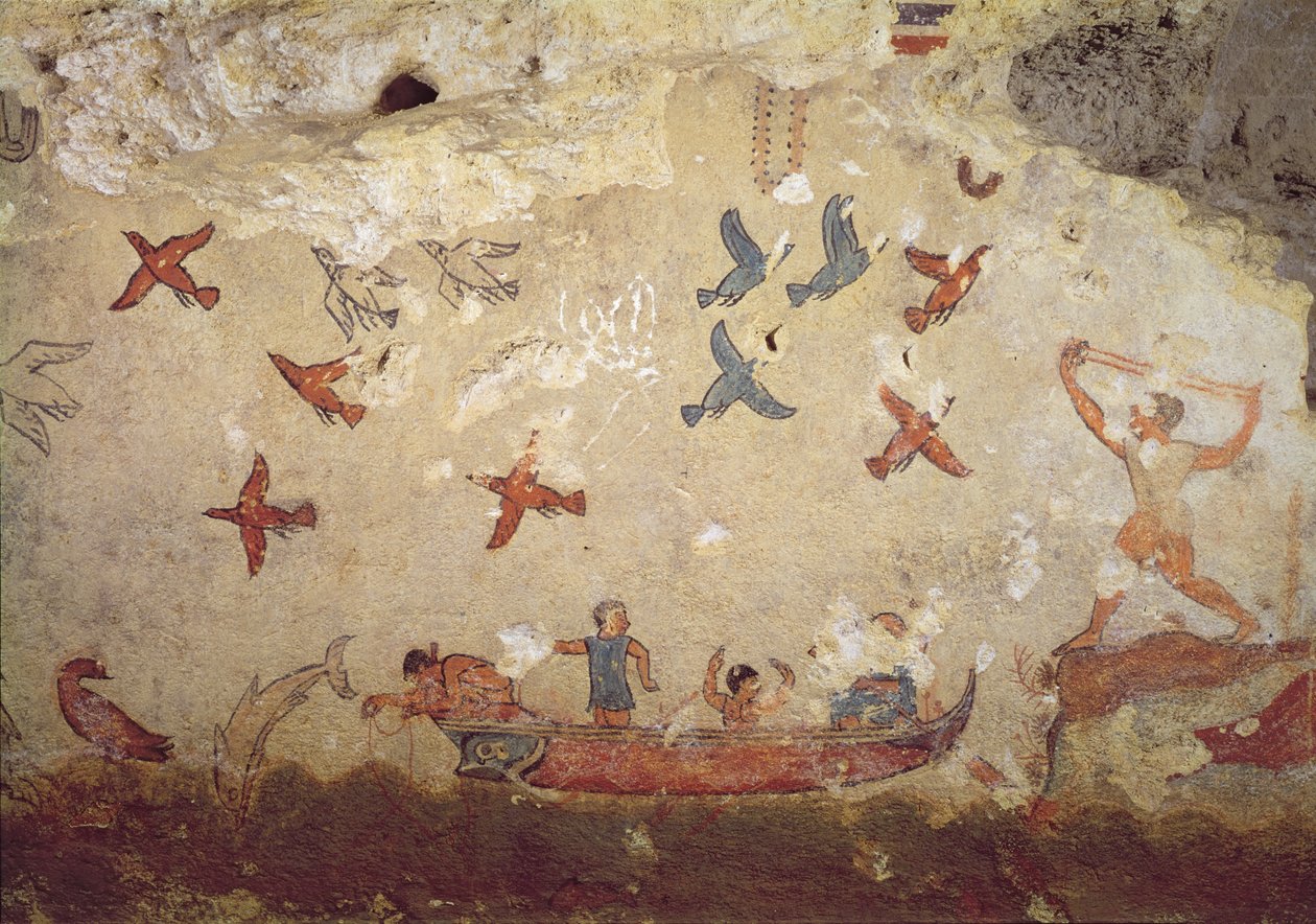 渔夫在船上和鸟类飞行，从捕鱼和狩猎之墓，公元前520  -  510年（壁画） 作者 伊特鲁里亚语