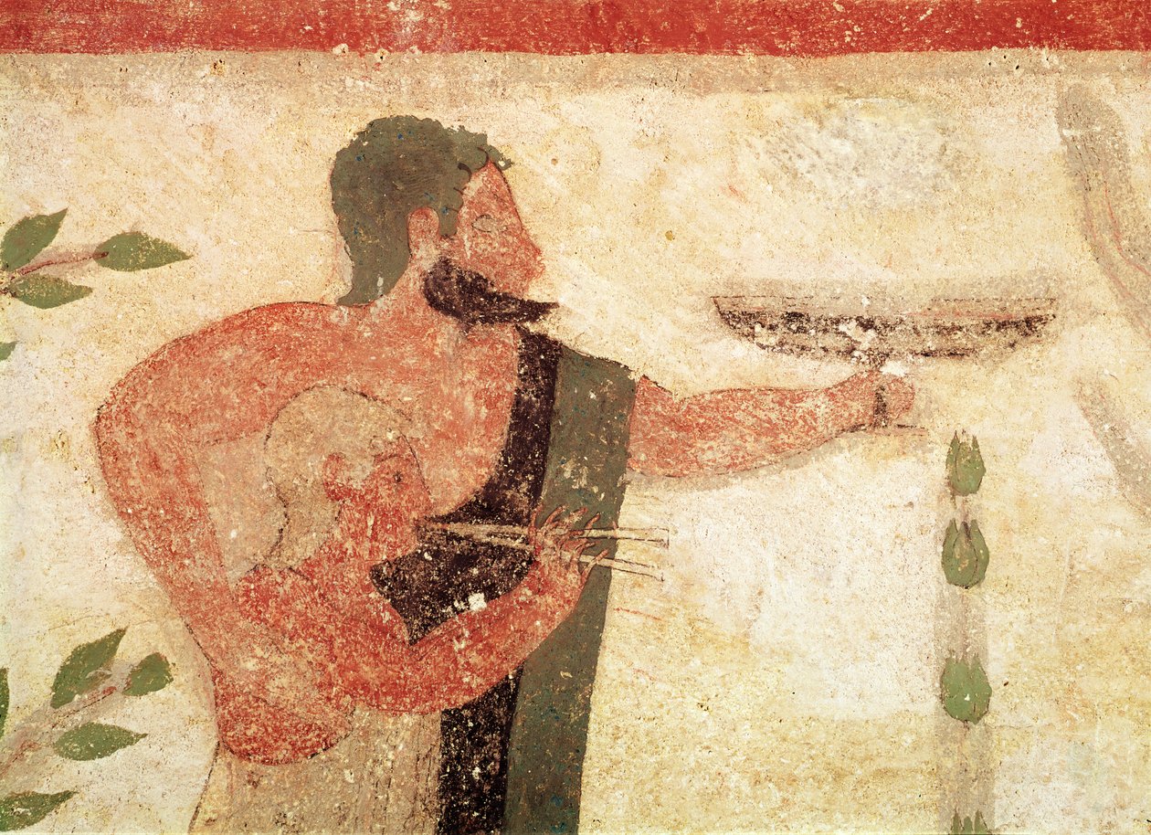 一个男人和一个孩子的头，吹笛子，从男爵墓，公元前500年壁画细节407470 作者 伊特鲁里亚语