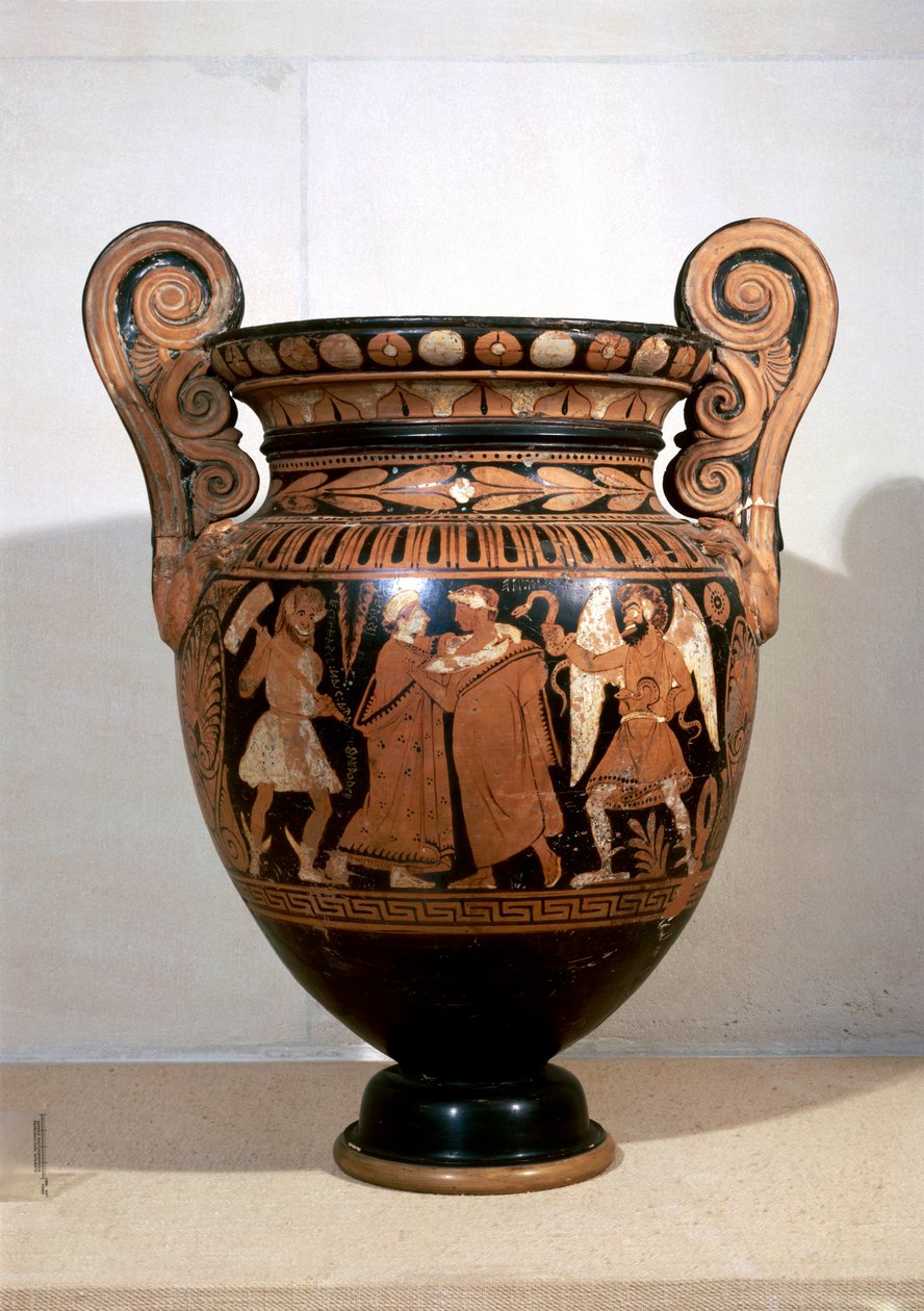 红纹陶器，Volute krater，描绘Alcestis拥抱A.D.metus和名字的铭文，由Alcestis画家创作。 作者 伊特鲁里亚语