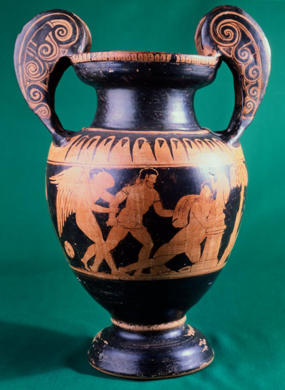 美因茨画家的Volute krater，描绘的是一个战士和一个亚马逊。红色图案的陶器。伊特鲁里亚文明，公元前4世纪。 作者 伊特鲁里亚语