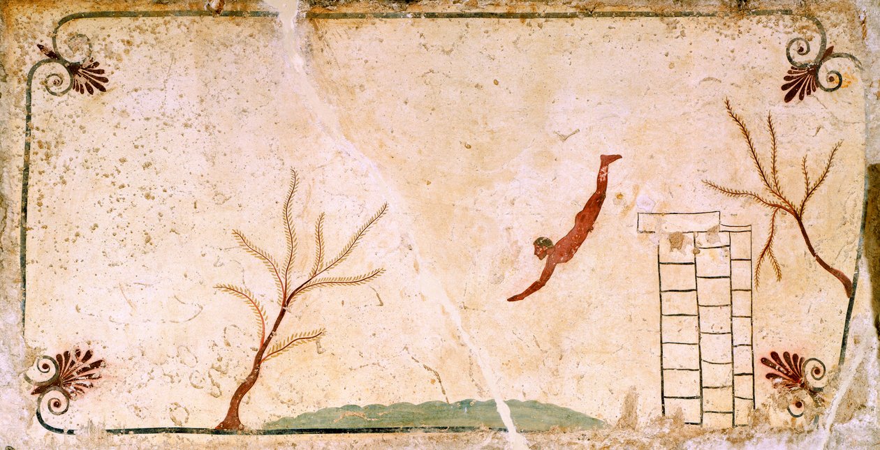 潜水员，约公元前 480-490 年，意大利坎帕尼亚 Paestum 的 Diver 陵墓盖板上的装饰壁画，公元前 5 世纪 作者 伊特鲁里亚语