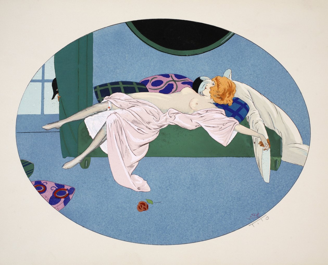 五种感官 - 听觉，视力，嗅觉，触觉和味觉，酒吧。巴黎，1925年（模版印刷） 作者 埃托尔·铁托（Ettore Tito）