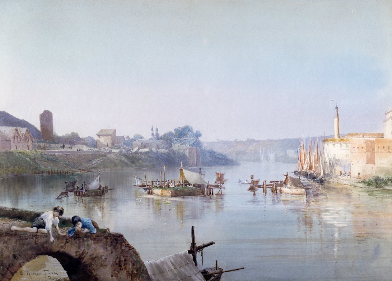 Ripa Grande的渔民，由Ettore Roesler Franz（1845-1907）创作，水彩画。 作者 埃托尔·罗斯勒·弗朗兹