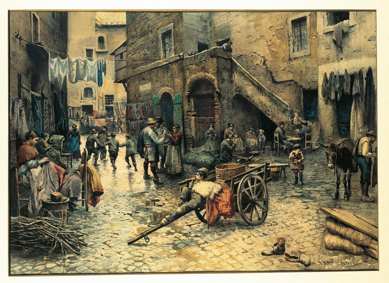 意大利，罗马，Ettore Roesler Franz创作的罗马（犹太）贫民区Capocciuto路的街头生活，水彩画 作者 埃托尔·罗斯勒·弗朗兹