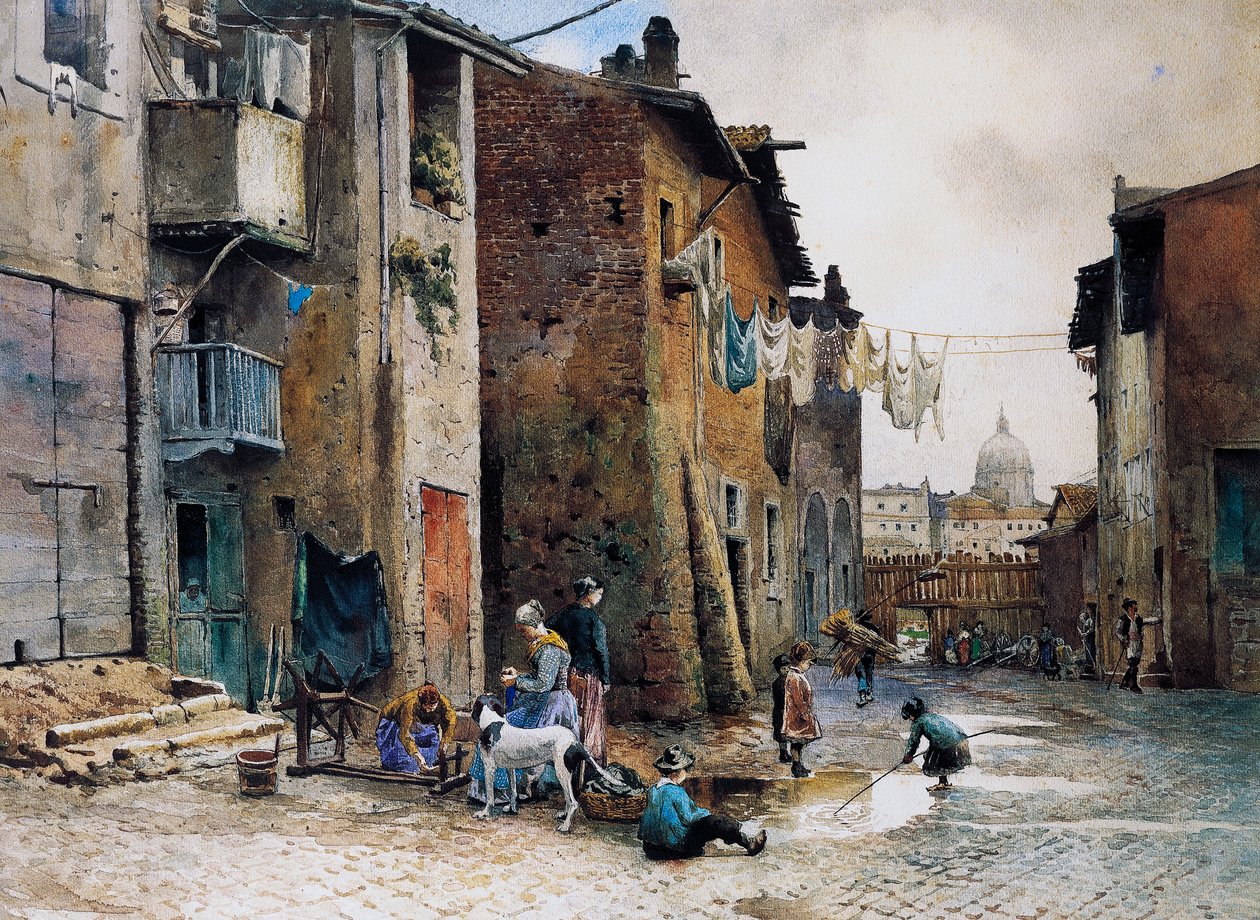 罗马Lungaretta街的中世纪房屋，由Ettore Roesler Franz（1845-1907）创作，水彩画，意大利 作者 埃托尔·罗斯勒·弗朗兹