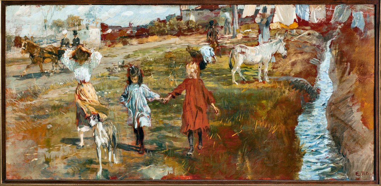 带孩子和狗的乡村景观，河边的驴（布面油画） 作者 埃托尔·铁托（Ettore Tito）