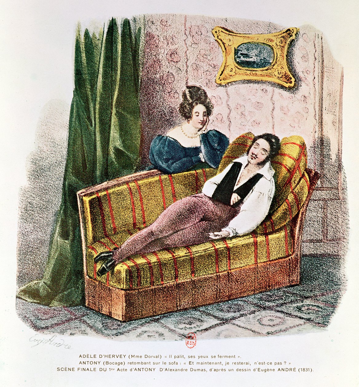 Marie Dorval（1798-1849）饰演Adele d&39;Hervey和Bocage（1797-1863）担任安东尼，参演亚历山大·杜马斯·佩雷（1802-70）1831年“安东尼”第一幕的最后一幕 作者 尤金·安德烈（Eugene Andre）