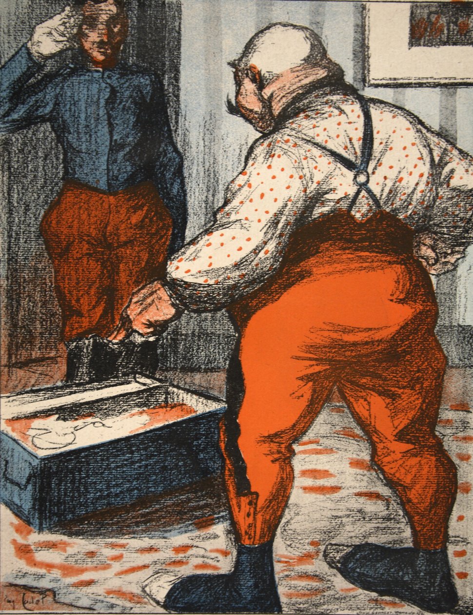 一位公务员监督他的内衣安排，插图来自&39;The Butter Plate：Officials&39;，1902年8月9日 作者 尤金·卡德尔（Eugene Cadel）