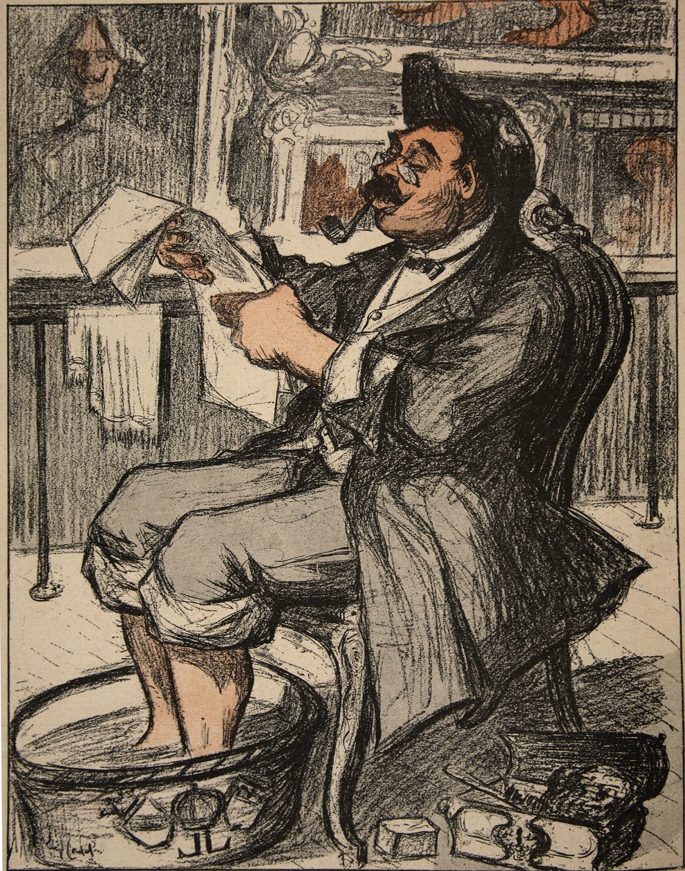 1902年8月9日，一位政府官员用一个足浴来阅读他的报纸，插图来自&39;The Butter Plate：The Public Servants&39; 作者 尤金·卡德尔（Eugene Cadel）